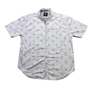 Artistry in Motion Mens Flamingo Print Short Sleeve Button Down Shirt Blue Large